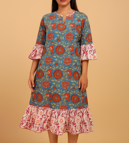 Floral Printed Red Women Dress, Cotton Handmade Dress, Skater Circle Dress, Customized Measurement Size Also Available