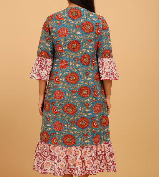 Floral Printed Red Women Dress, Cotton Handmade Dress, Skater Circle Dress, Customized Measurement Size Also Available
