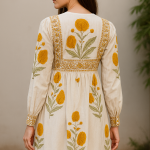 Boho Floral Print Midi Dress – Yellow & Blue Cotton A-Line Dress – Ethnic Casual Summer Wear – Hand Block Print – Comfortable Everyday Dress