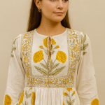 Boho Floral Print Midi Dress – Yellow & Blue Cotton A-Line Dress – Ethnic Casual Summer Wear – Hand Block Print – Comfortable Everyday Dress