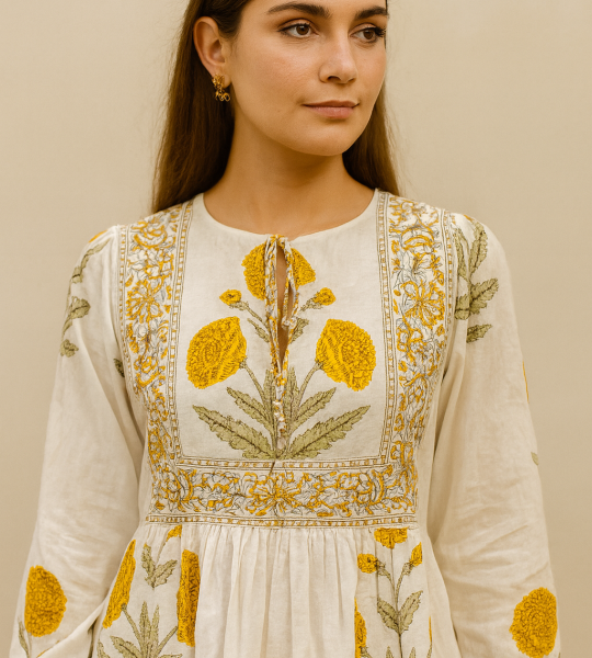 Boho Floral Print Midi Dress – Yellow & Blue Cotton A-Line Dress – Ethnic Casual Summer Wear – Hand Block Print – Comfortable Everyday Dress