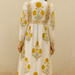Boho Floral Print Midi Dress – Yellow & Blue Cotton A-Line Dress – Ethnic Casual Summer Wear – Hand Block Print – Comfortable Everyday Dress