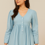Handmade Light Blue Cotton Midi Dress – Long Sleeve V-Neck Button Front Casual Boho Dress