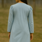 Handmade Light Blue Cotton Midi Dress – Long Sleeve V-Neck Button Front Casual Boho Dress