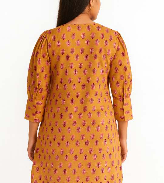 Handmade Block Print Cotton Top – Mustard Yellow Boho Blouse with Puff Sleeves & Tie Neck