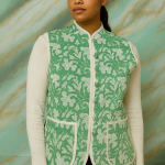 Handmade Green Cotton Floral Jacket with Pockets - Elegant Button-Up Vest