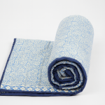 Handmade Cotton Block Print Quilt – Reversible Floral Jaipuri Blanket, Blue Border Bedding, Indian Cotton Quilt