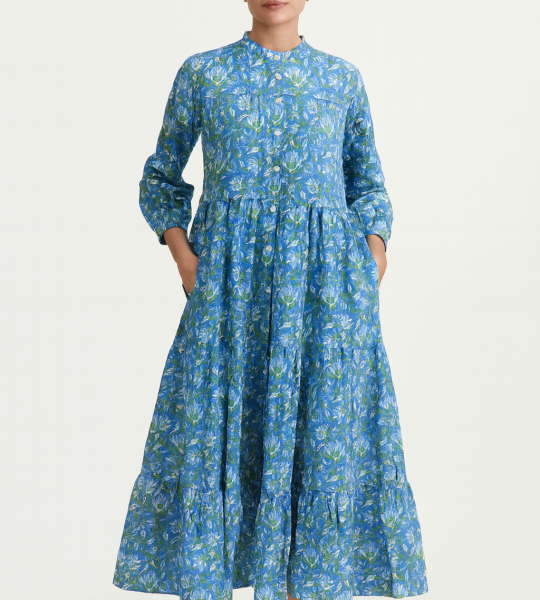 Hand Block Printed Cotton Maxi Dress – Blue Floral Long Dress with Pockets, Button Down Tiered Dress, Boho Summer Dress