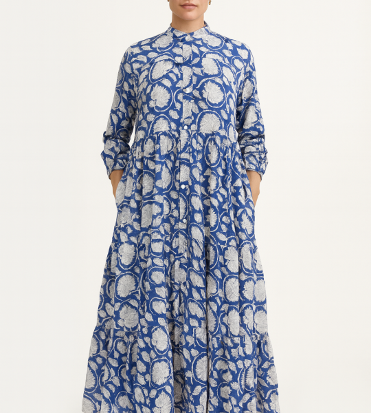 Hand Block Printed Cotton Maxi Dress – Blue Floral Long Dress with Pockets, Button Down Tiered Dress, Boho Summer Dress