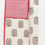 Handmade Cotton Block Print Quilt – Reversible Floral Jaipuri Blanket, Red Border Bedding, Indian Cotton Quilt