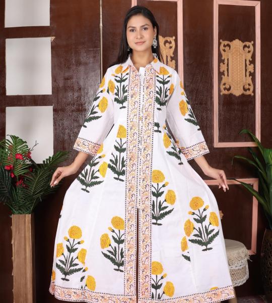 Hand Block Printed Dress, Yellow Colour Floral Print Dress, Indian Cotton Dress, Summer Women Dress, Long Women Dress, Gift For Her