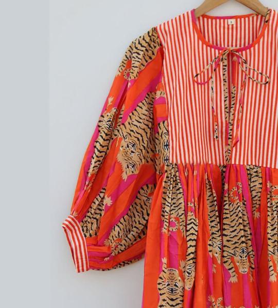 Hand Block Printed Cotton Maxi Dress: Tiger Print Indian Summer Dress