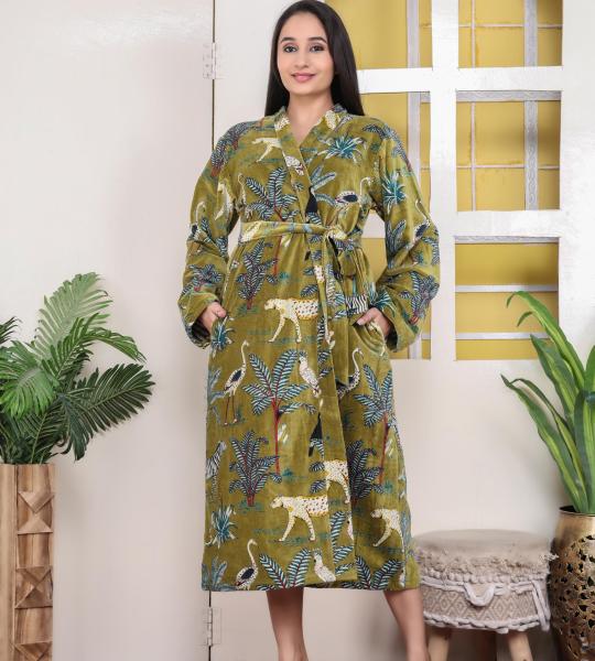 Green Jungle Print Velvet Kimono Robe | Bridesmaid Velvet Coat, Morning Tea Jacket, Cotton Velvet Women’s Robe, Bridal Wear, Gift For Her