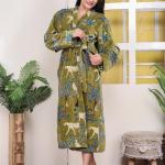 Green Jungle Print Velvet Kimono Robe | Bridesmaid Velvet Coat, Morning Tea Jacket, Cotton Velvet Women’s Robe, Bridal Wear, Gift For Her