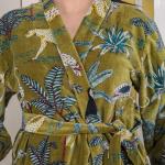 Green Jungle Print Velvet Kimono Robe | Bridesmaid Velvet Coat, Morning Tea Jacket, Cotton Velvet Women’s Robe, Bridal Wear, Gift For Her