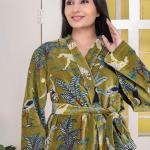 Green Jungle Print Velvet Kimono Robe | Bridesmaid Velvet Coat, Morning Tea Jacket, Cotton Velvet Women’s Robe, Bridal Wear, Gift For Her