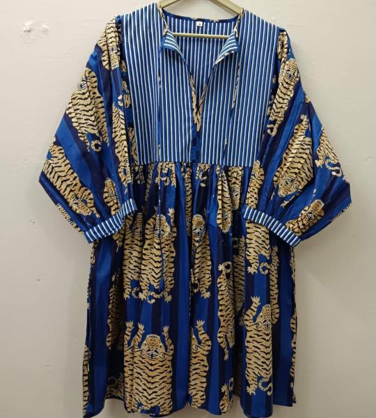 Blue Stripes Tiger Midi Dress: Hand Block Print Indian Cotton Summer Dress