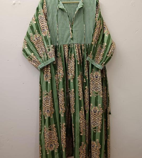 Hand Block Printed Cotton Maxi Dress: Tiger Print Indian Summer Dress