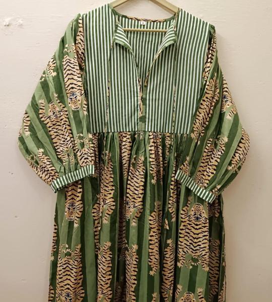 Hand Block Printed Cotton Maxi Dress: Tiger Print Indian Summer Dress