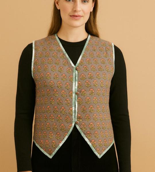 Hand Block Printed Cotton Vest: Gray Indian Handmade Outerwear