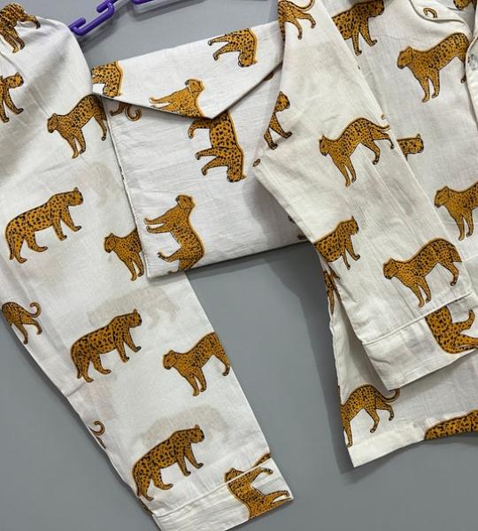 Tiger Print Cotton Pajama Set: Indian Bohemian Sleepwear