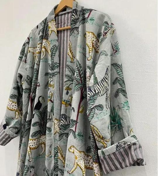 Handmade Green Jungle Print Velvet Kimono Robe: Cotton Bridal Coat
