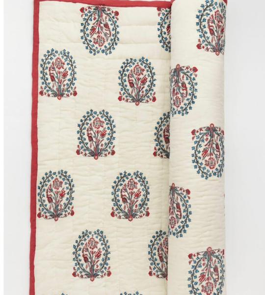 Handmade Cotton Block Print Quilt – Reversible Floral Jaipuri Blanket, Red Border Bedding, Indian Cotton Quilt