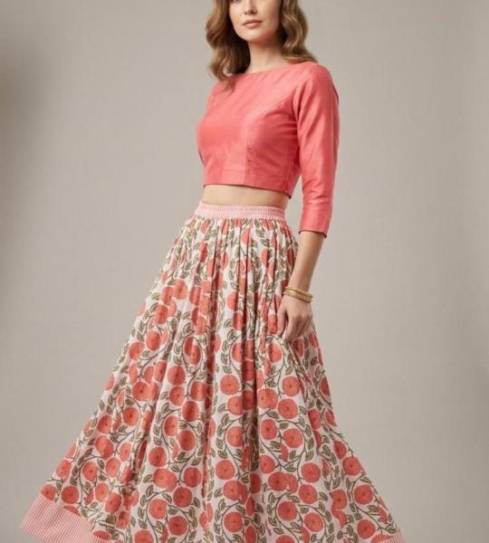 Hand Block Print Cotton Maxi Skirt for Women – Floral Boho Long Skirt with Elastic Waist, Summer Cottagecore Skirt
