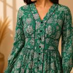 Women's Teal Green Floral Printed Maxi Dress | Long Sleeve Button-Down Casual Midi Dress