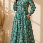 Women's Teal Green Floral Printed Maxi Dress | Long Sleeve Button-Down Casual Midi Dress