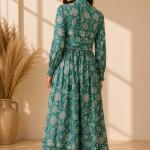 Women's Teal Green Floral Printed Maxi Dress | Long Sleeve Button-Down Casual Midi Dress