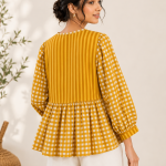 Women's Pink Checkered Peplum Top | Striped & Gingham Cotton Blouse | Puff Sleeve Casual Top for Women
