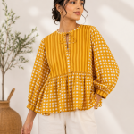 Women's Pink Checkered Peplum Top | Striped & Gingham Cotton Blouse | Puff Sleeve Casual Top for Women