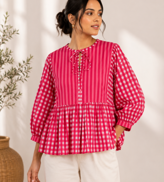 Women's Pink Checkered Peplum Top | Striped & Gingham Cotton Blouse | Puff Sleeve Casual Top for Women