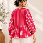 Women's Pink Checkered Peplum Top | Striped & Gingham Cotton Blouse | Puff Sleeve Casual Top for Women