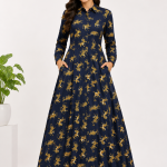 Women's Navy Blue Tiger Print Maxi Dress | Full Sleeve Collared Long Dress | Elegant Cotton Shirt Dress with Pockets