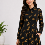 Women's Navy Blue Tiger Print Maxi Dress | Full Sleeve Collared Long Dress | Elegant Cotton Shirt Dress with Pockets
