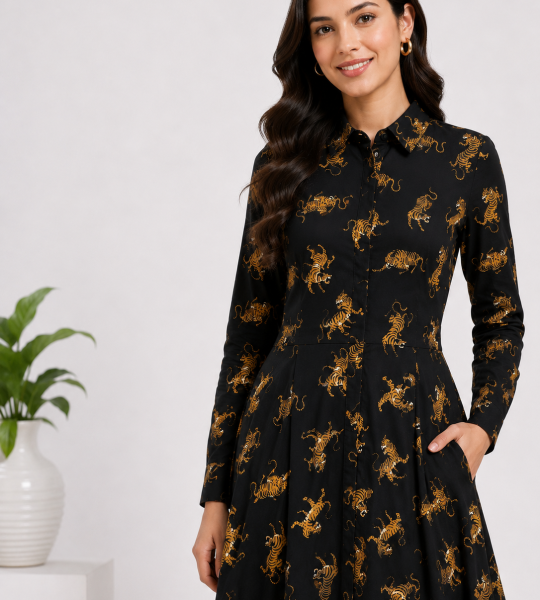 Women's Navy Blue Tiger Print Maxi Dress | Full Sleeve Collared Long Dress | Elegant Cotton Shirt Dress with Pockets