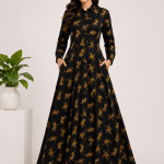 Women's Navy Blue Tiger Print Maxi Dress | Full Sleeve Collared Long Dress | Elegant Cotton Shirt Dress with Pockets