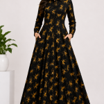 Women's Navy Blue Tiger Print Maxi Dress | Full Sleeve Collared Long Dress | Elegant Cotton Shirt Dress with Pockets