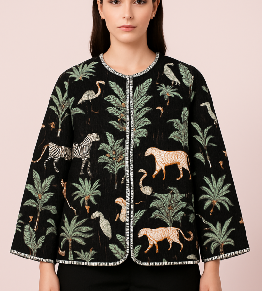 Handmade Green Cotton Floral Jacket with Pockets - Elegant Button-Up Vest