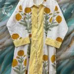 Yellow & White Floral Embroidered Long Dress for Women, Indian Printed Cotton Summer Maxi Dress