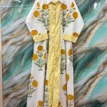 Yellow & White Floral Embroidered Long Dress for Women, Indian Printed Cotton Summer Maxi Dress
