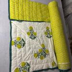 Handmade Cotton Block Print Quilt – Reversible Floral Jaipuri Blanket, Blue Border Bedding, Indian Cotton Quilt