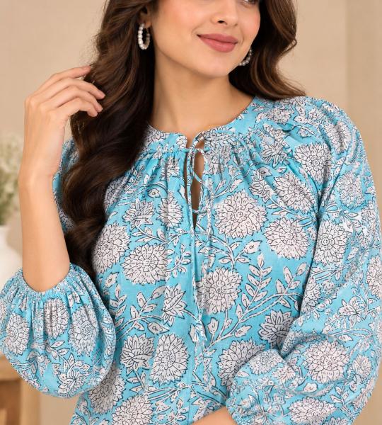 Sky Blue Floral Printed Front-Tie Balloon Sleeve Top for Women