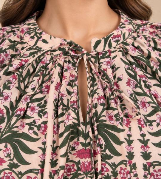 Pink Floral Printed Front Tie-Up Balloon Sleeve Top for Women